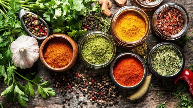 Assorted Spices and Herbs Arranged on Rustic Wooden Surface