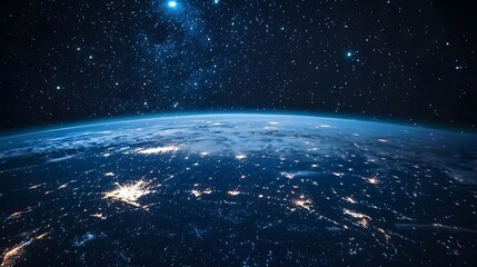 Fototapeta premium Earth at Night Viewed From Space Showing City Lights and Stars