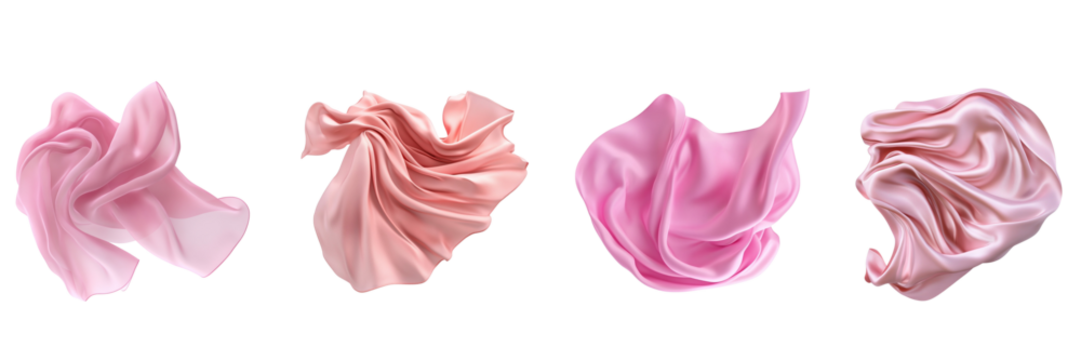 Set of floating elegant pink fabric isolated on a transparent background