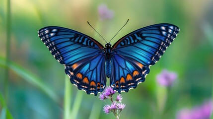 Naklejka premium Majestic Blue Butterfly on Purple Flower