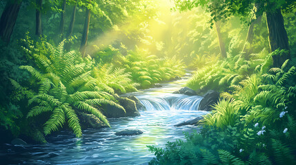 Sunlit clear mountain stream flowing gently through a dense thicket of ferns and shrubs in a lush forest, water, nature. Thicket. Illustration