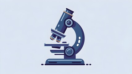 Flat illustration of microscope in closed position with circular platform, blue background.