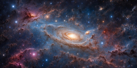 Fototapeta premium Stunning spiral galaxy surrounded by colorful cosmic clouds