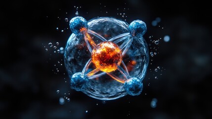 Abstract representation of an atom, with a central, fiery nucleus surrounded by orbiting, icy electrons.