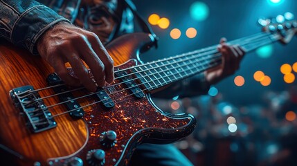 Obraz premium Close-up of a musician's hands playing a bass guitar on a stage with blurred background lights.