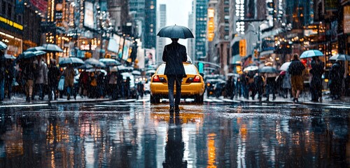 Fototapeta premium Rainy City Streets with Umbrella in Times Square