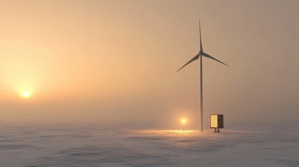 Serene Wind Turbine at Sunset in Winter Landscape with Fog