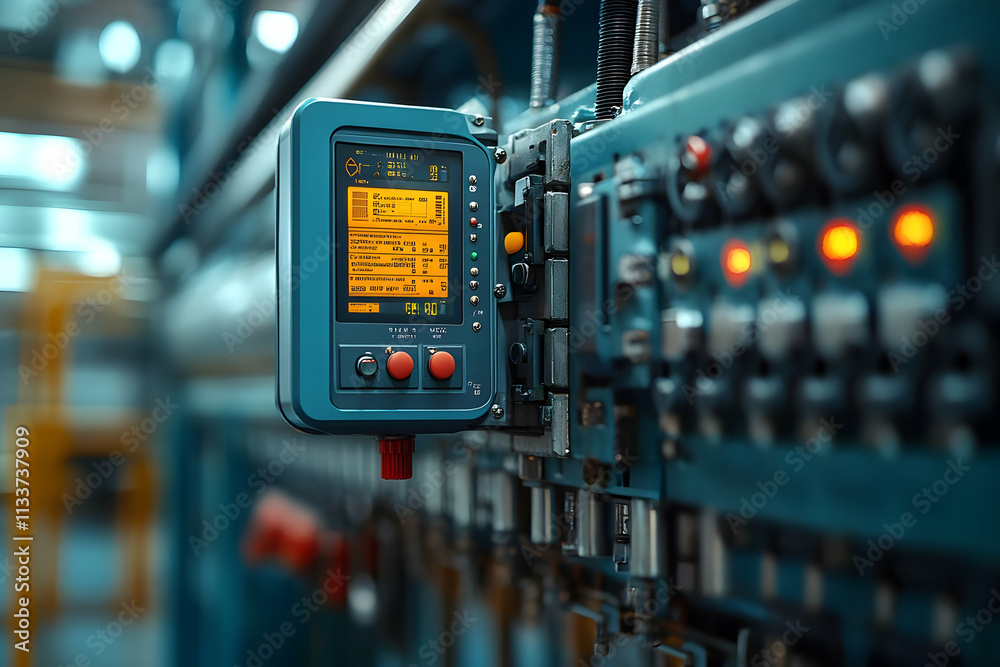 Poster a control panel with digital display and buttons in an industrial setting.