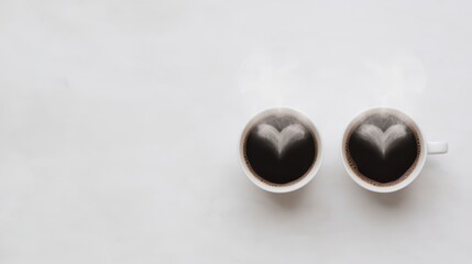 Romantic Coffee Steam Heart Two Cups White Background Top View