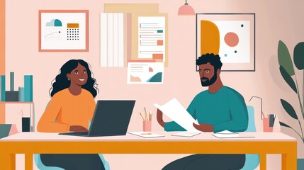 Two colleagues collaborating at a desk in a modern office, reviewing documents and using a laptop.