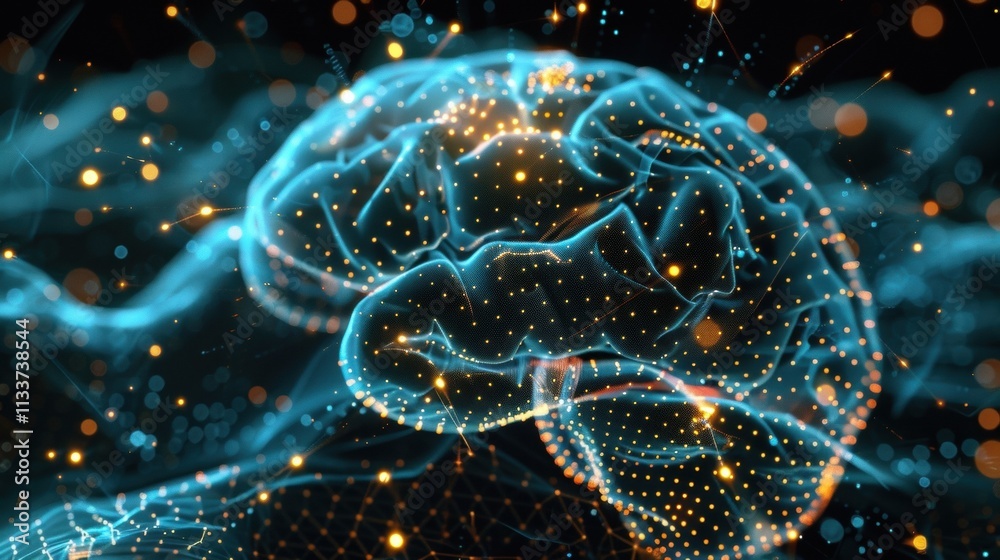 Poster glowing digital human brain is processing big data in neural network, symbolizing artificial intelli