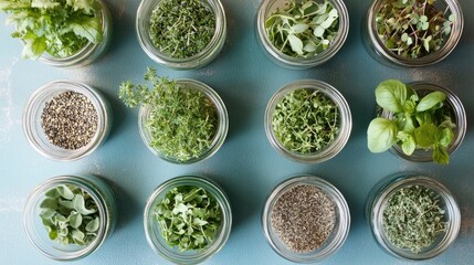 Fresh Green Herbs in Glass Jars on Blue Table Surface