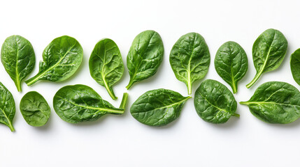 Obraz premium Fresh spinach leaves arranged in line on white background, showcasing their vibrant green color and smooth texture, perfect for healthy dishes and salads