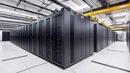 Modern Data Center Featuring Rows of Server Racks and Cable Management