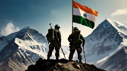 image commemorating Kargil Vijay Diwas, also known as Kargil Victory Day. The artwork depicts the silhouette of Indian Army soldiers standing proudly atop Mount Everest, holding the Indian flag .