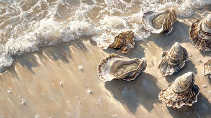 Close-Up of Oysters on Sandy Beach with Gentle Ocean Waves