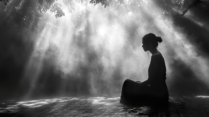 Obraz premium Serene Silhouette: A Moment of Tranquil Reflection in Nature