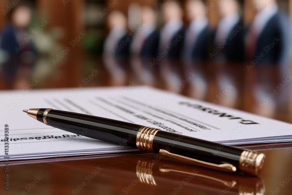 Poster a close-up of a resume and pen on a recruiter desk, with blurred candidates waiting in the backgroun