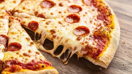 Delicious Pepperoni Pizza with Stretchy Cheese on Wooden Table