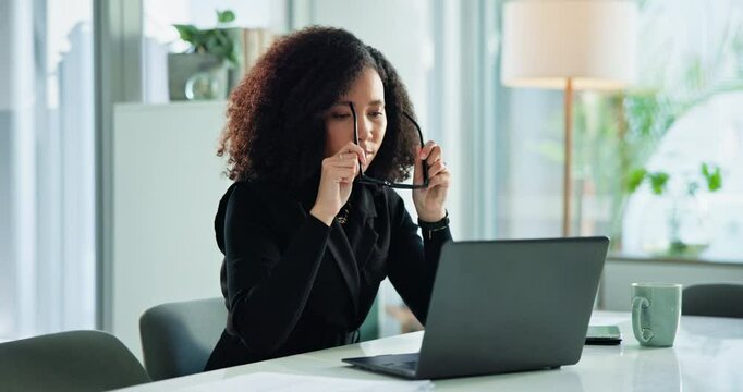 Business, woman and glasses on laptop in office for vision, prescription lens and reading eye care. Female person, online research and finance website, investment feedback and administration proposal