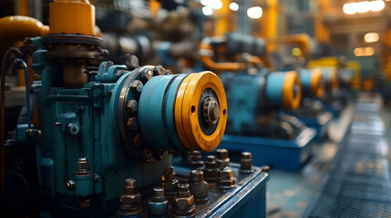 Obraz premium Close-up of industrial machinery with blue and orange components in a factory setting.