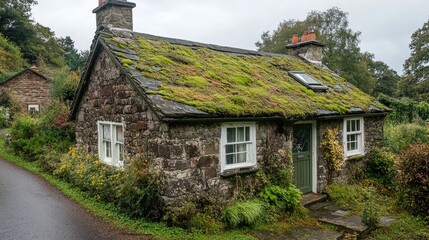 Fototapeta premium Charming Moss-Covered Cottage Surrounded by Lush Greenery