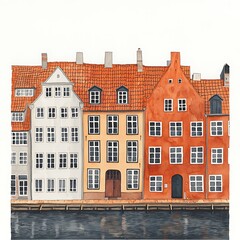 Watercolor Illustration of Colorful Canal-Side Houses in Copenhagen, Denmark.