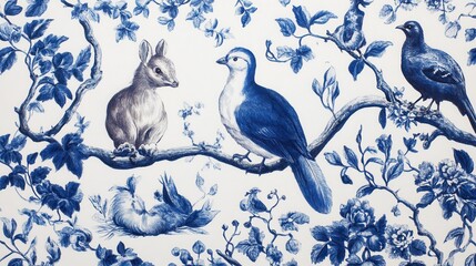 Obraz premium Nature Scene with Animals and Floral Elements