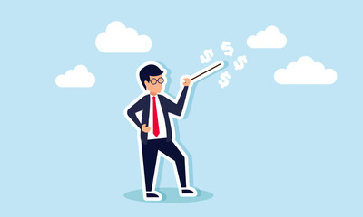 A businessman like a music director waves a baton, creating dollar signs, illustration of the art of managing corporate business finances