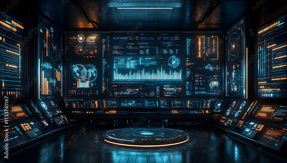Poster futuristic control room with screens displaying data and analytics.