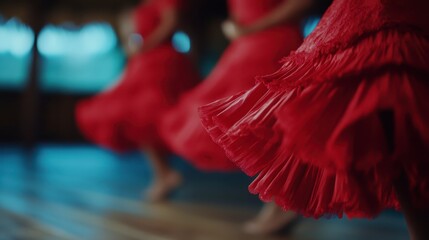 Obraz premium Red Dress Dance Motion Blur Women Performance Artistic Flowing Fabric Cultural Traditional Close Up