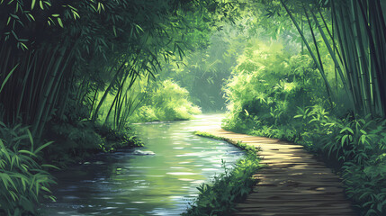 Naklejka premium Meandering watercourse through a dense thicket of bamboo, wilderness area, riverbank. Thicket. Illustration