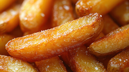 Crispy golden potato fries, perfectly salted and deliciously tempting, ideal for snacking or as side dish. Enjoy satisfying crunch and flavor!