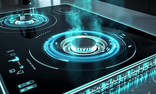 A futuristic induction cooktop with glowing controls and steam effects.