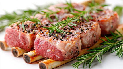 Fototapeta premium Fresh raw meat with herbs on white background, showcasing pork and beef chops garnished with rosemary and spices, perfect for culinary presentations