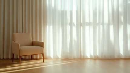 serene studio space featuring cozy chair and soft, flowing curtains. warm light creates calming atmosphere