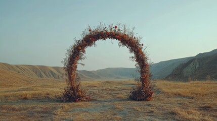 Fototapeta premium Rustic Floral Arch in Serene Landscape During Golden Hour Light
