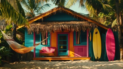 Colorful Beach House Surrounded by Palm Trees and Surfboards