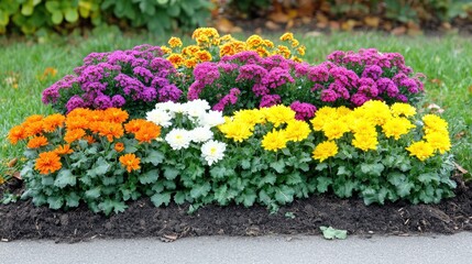 Vibrant Flower Bed with Colorful Chrysanthemums and Asters