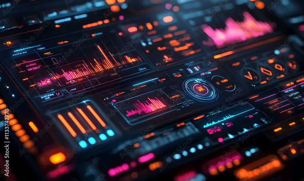 Poster a futuristic interface displaying data visualizations and analytics in vibrant colors.