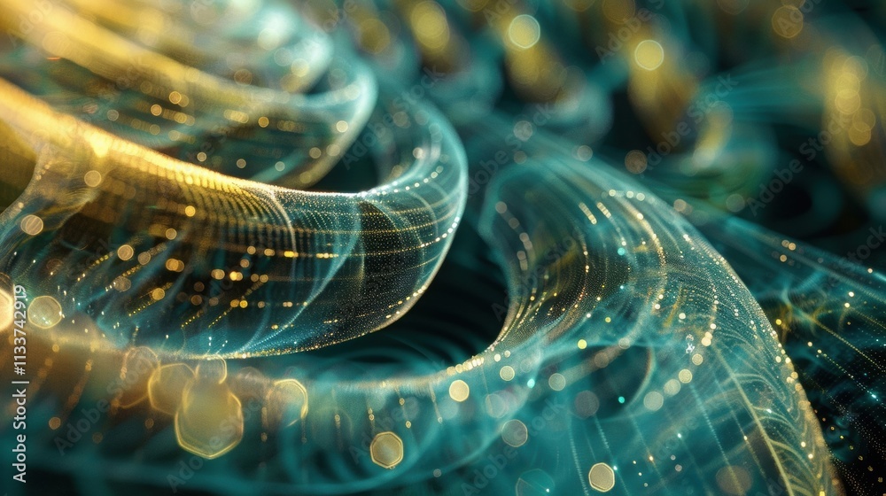 Poster golden particles are flowing and forming a big data stream with a blurred bokeh effect in the backgr