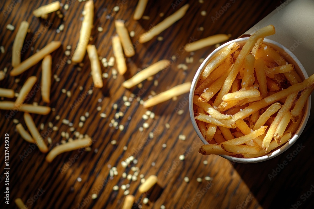 Poster Crispy golden fries fill a cup placed on a wooden table with additional fries scattered around, creating an inviting atmosphere. Generative AI