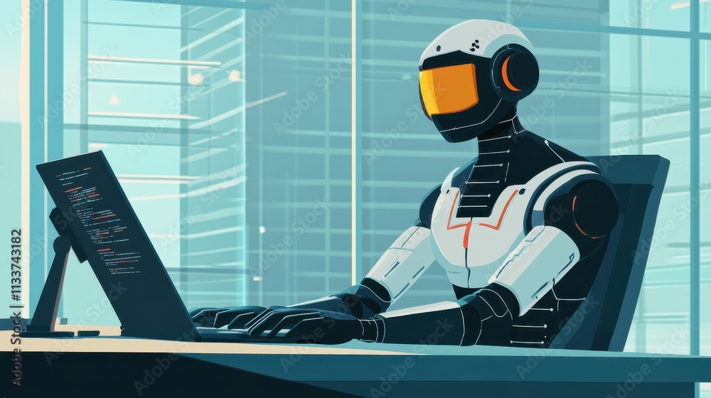 Poster robot working on computer in modern office setting