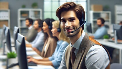 a young professional man with a friendly and engaging smile, wearing a headset with a microphone, symbolizing his role in communication or customer support.