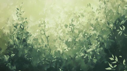 Dense thicket of bushes and shrubs blurred into a soft green background , dense thicket, atmospheric perspective, blurred effect. Thicket. Illustration