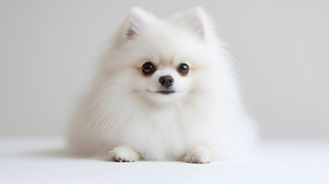 71. A white pomeranian dog with its fur fluffed out on a clean white surface