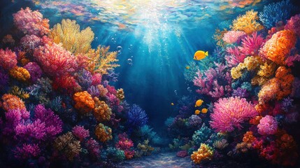 Fototapeta premium Vibrant coral reef, colorful fish, underwater scene.