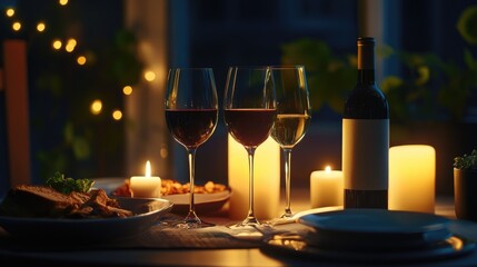 Romantic Evening Setting with Wine Glasses and Candlelight Ambiance