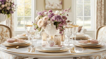 Elegant Table Setting with Flowers and Fine Dinnerware in Bright Room