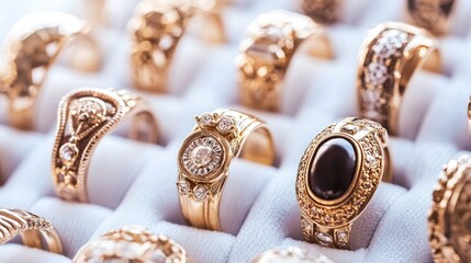 Elegant Collection of Gold Rings with Intricate Designs and Gems